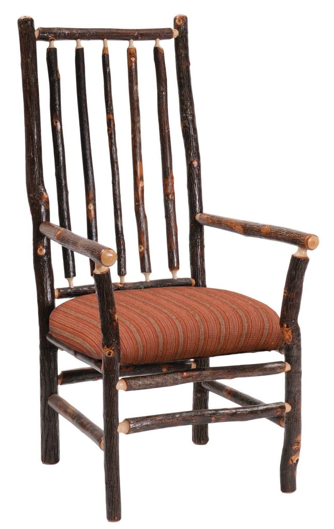 Natural Hickory Log High-back Spoke Arm Chair - Upholstered Seat - Rustic Deco Incorporated