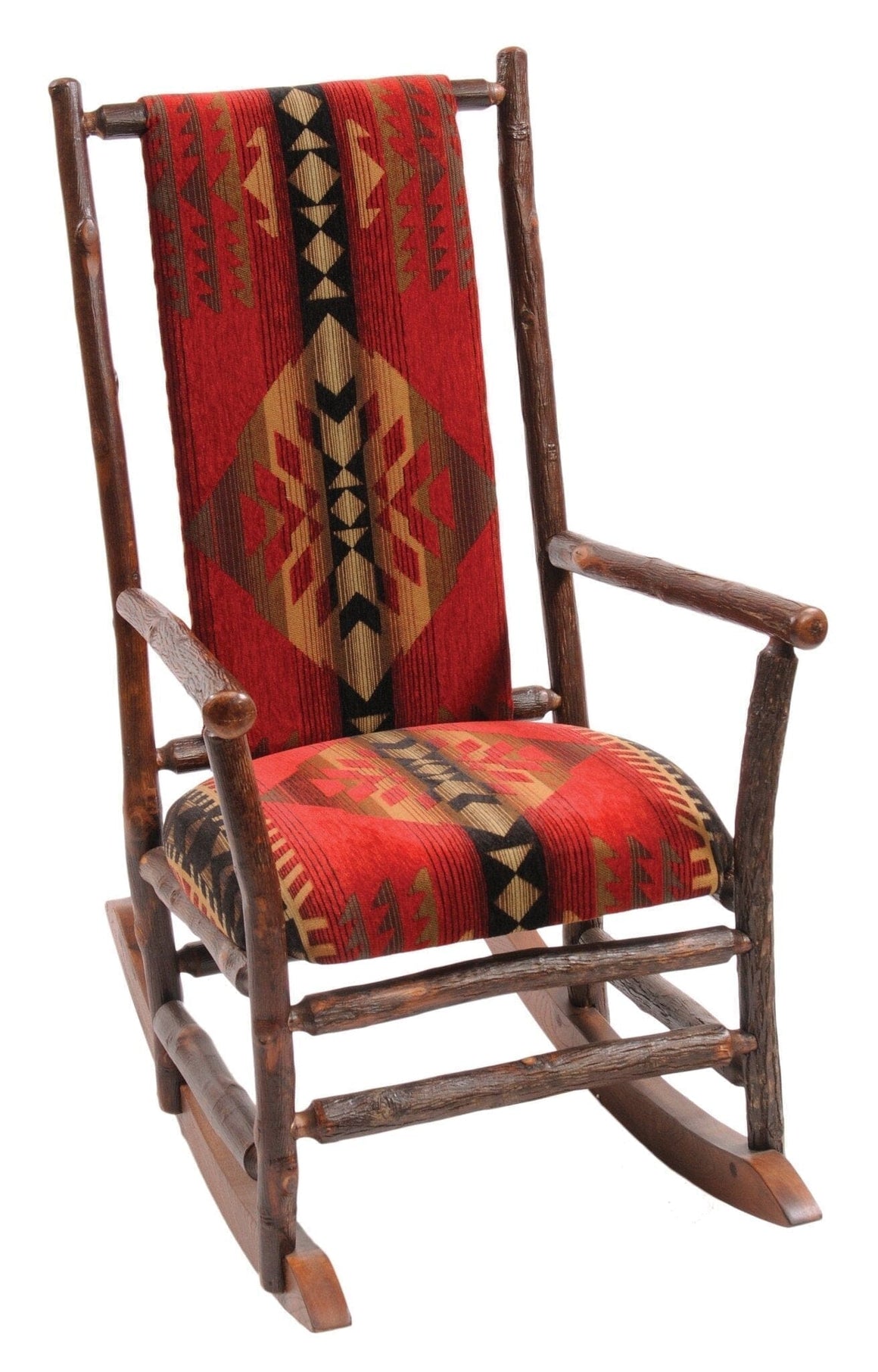 Natural Hickory Log Rocking Chair with Upholstered Seat & Back - Rustic Deco Incorporated