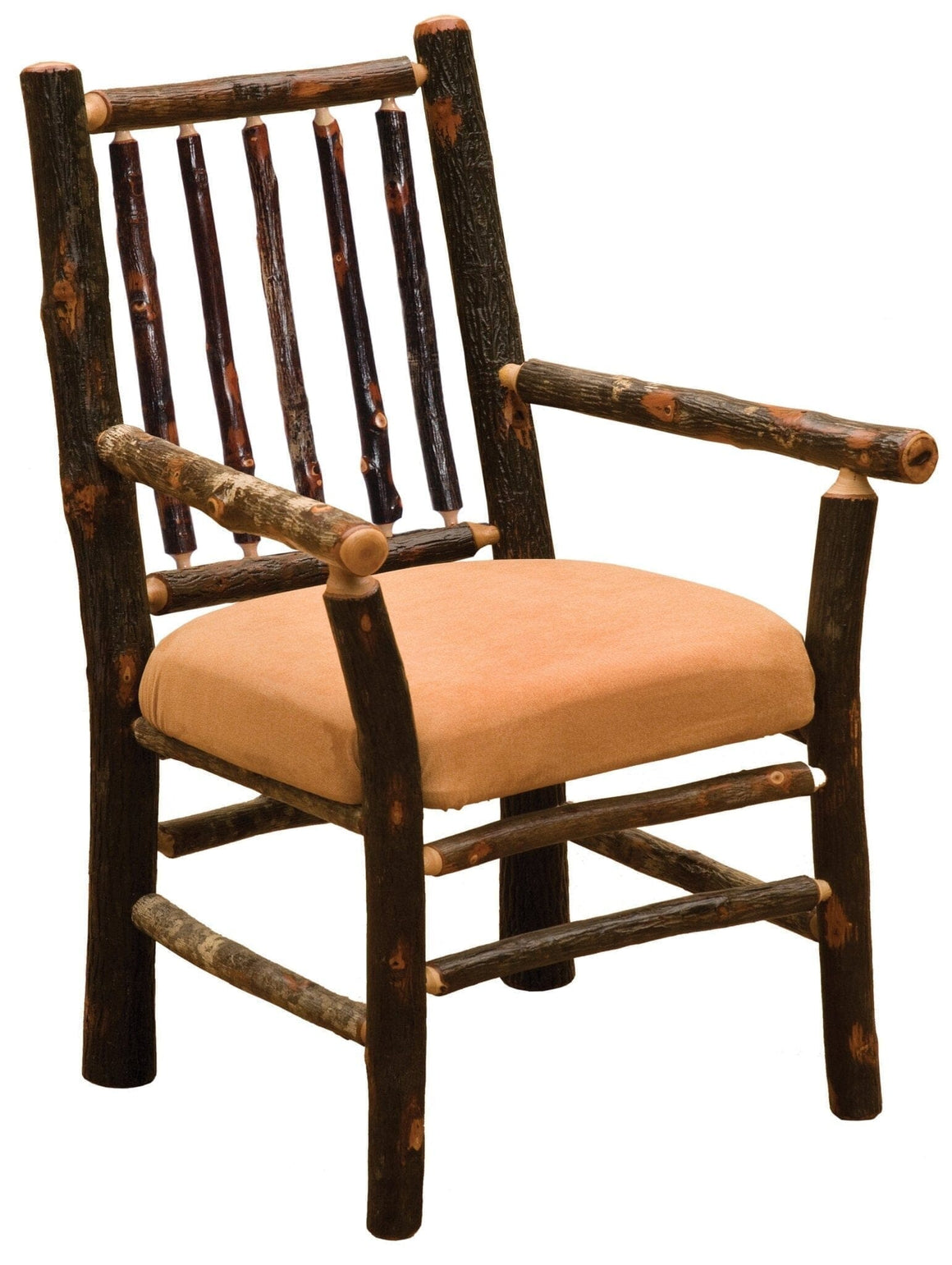 Natural Hickory Log Spoke Back Arm Chair - Upholstered Seat - Standard Finish - Rustic Deco Incorporated