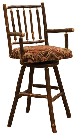 Natural Hickory Log Swivel Counter Stool with Arms and Upholstered Seat - 24" - Rustic Deco Incorporated