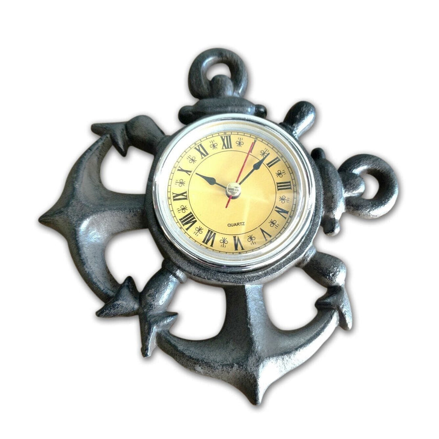 Nautical Anchor Metal Wall Clock - Cast Iron - Roman Numeral Dial - Rustic Deco Incorporated