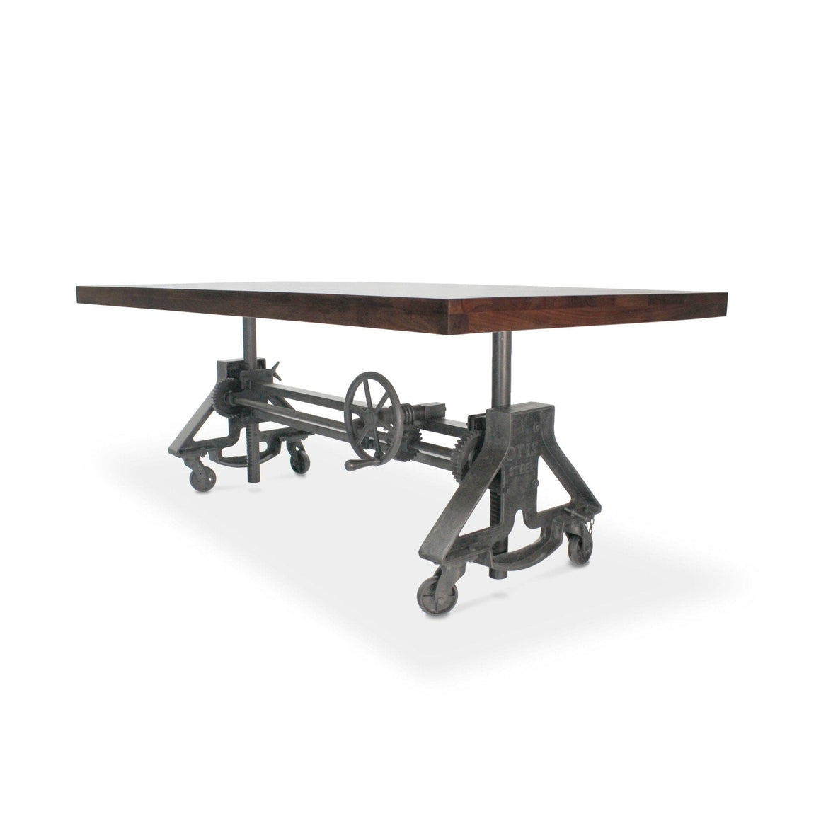 Otis Steel Dining Table - Adjustable Height - Iron Base - Casters - Walnut - Rustic Deco Incorporated