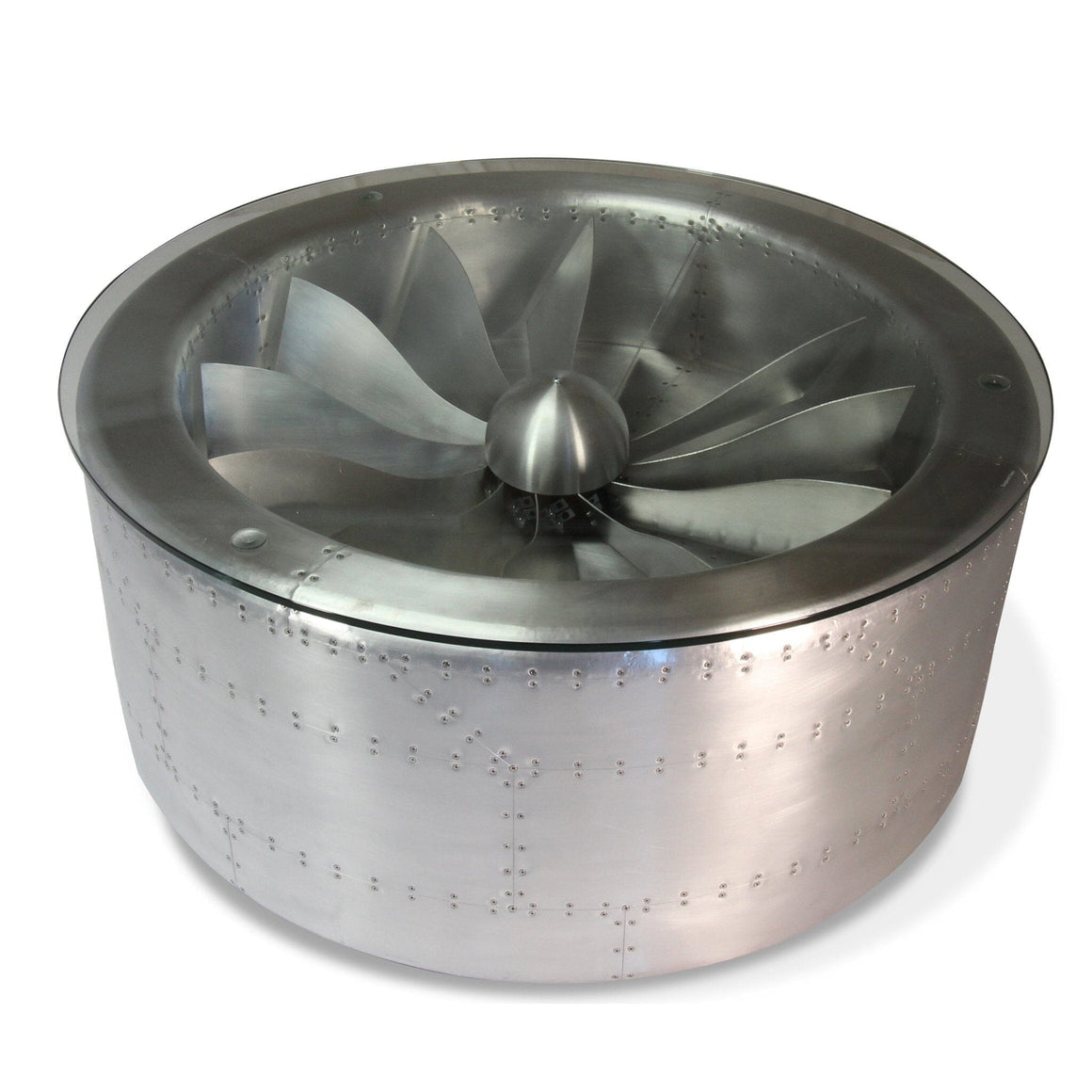 Round Aviator Jet Engine Turbine Coffee Table - 41" Diameter Glass Top - Rustic Deco Incorporated