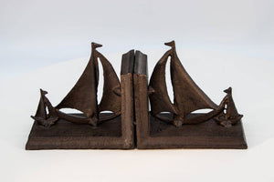 Sailboat Tows Dinghy Nautical Bookends Figurine - Metal - Cast Iron - Pair - Rustic Deco Incorporated