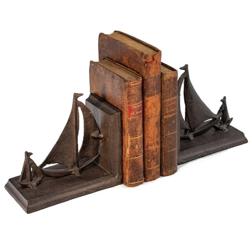 Sailboat Tows Dinghy Nautical Bookends Figurine - Metal - Cast Iron - Pair - Rustic Deco Incorporated