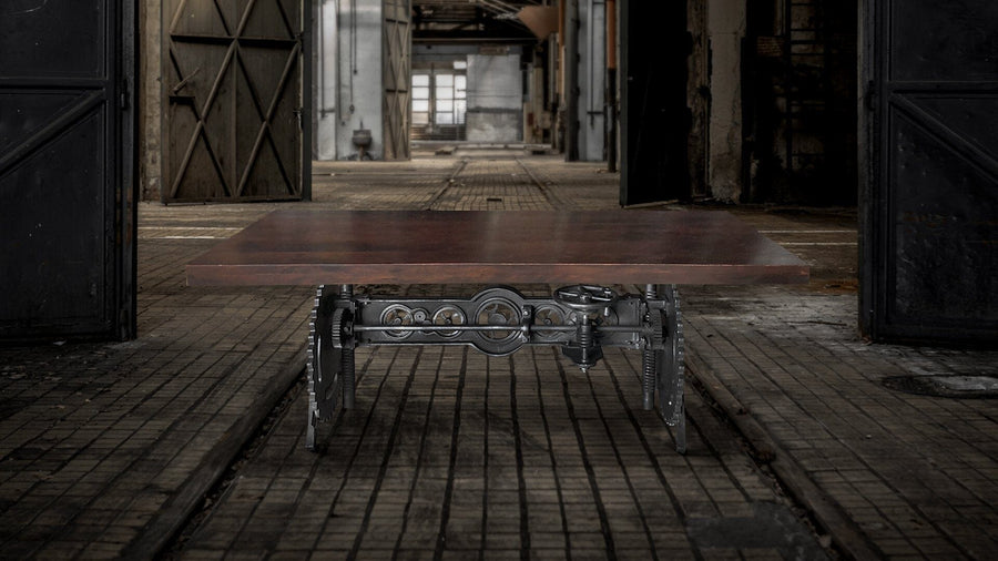 Steampunk Adjustable Dining Table - Iron Crank Base - Mahogany Top - Rustic Deco Incorporated