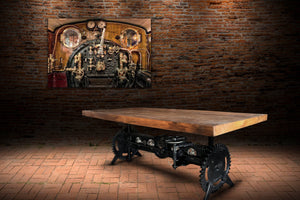 Steampunk Adjustable Dining Table - Iron Crank Base - Natural Finish Dining Table Rustic Deco 