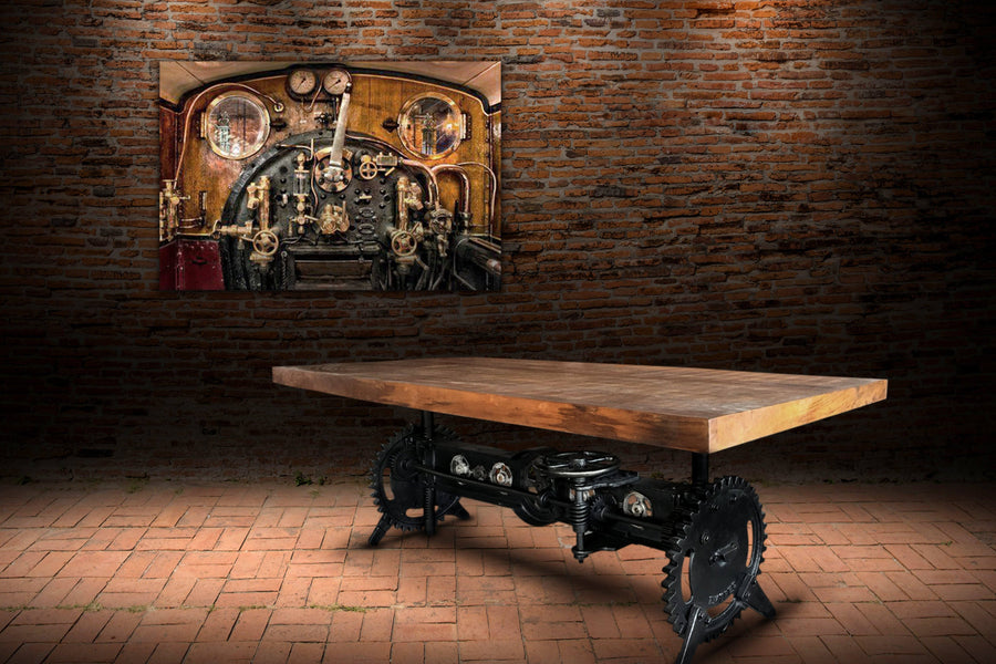 Steampunk Adjustable Dining Table - Iron Crank Base - Natural Finish - Rustic Deco Incorporated
