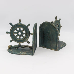 Vintage Nautical Ship Wheel Bookends - Metal - Cast Iron - Pair - Rustic Deco Incorporated