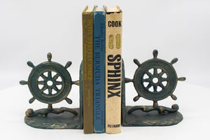 Vintage Nautical Ship Wheel Bookends - Metal - Cast Iron - Pair - Rustic Deco Incorporated