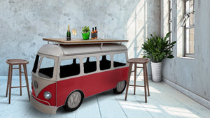 Volkswagon VW Bus Classic Car Bar Cart - Red White - Storage - Lamps - Rustic Deco Incorporated